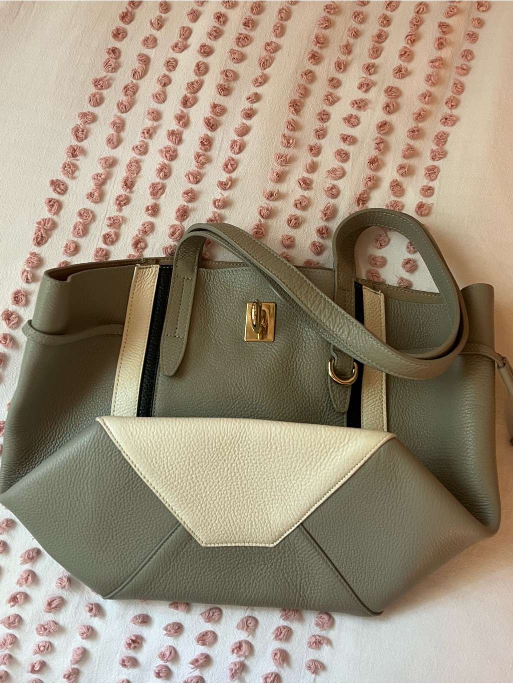 Furla Two-Tone Gray And Cream Leather Tote With Gold Hardware